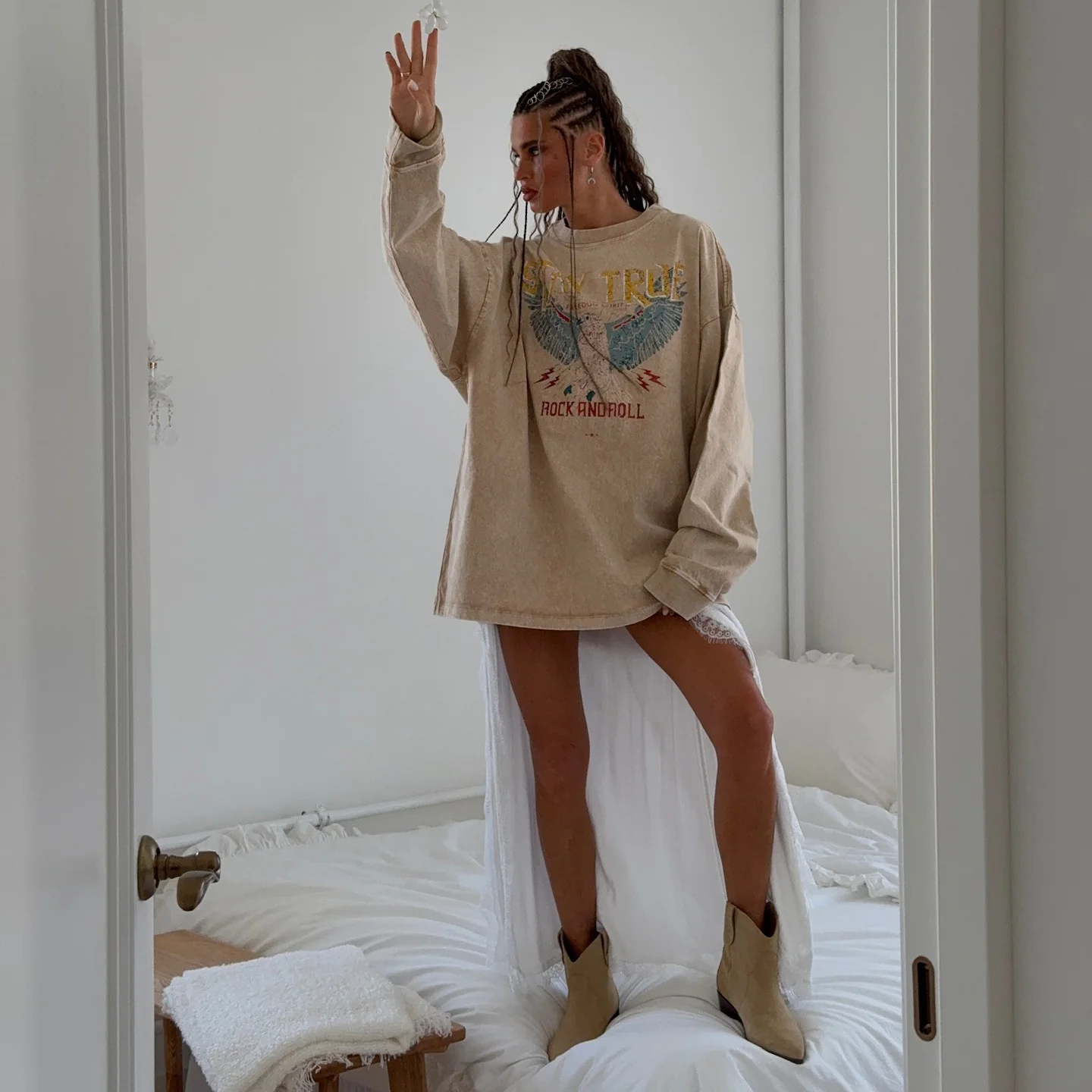 Summer new old eagle print medium and long long-sleeved loose sweater Spice girl crew neck top women's clothing - Deanwangkt