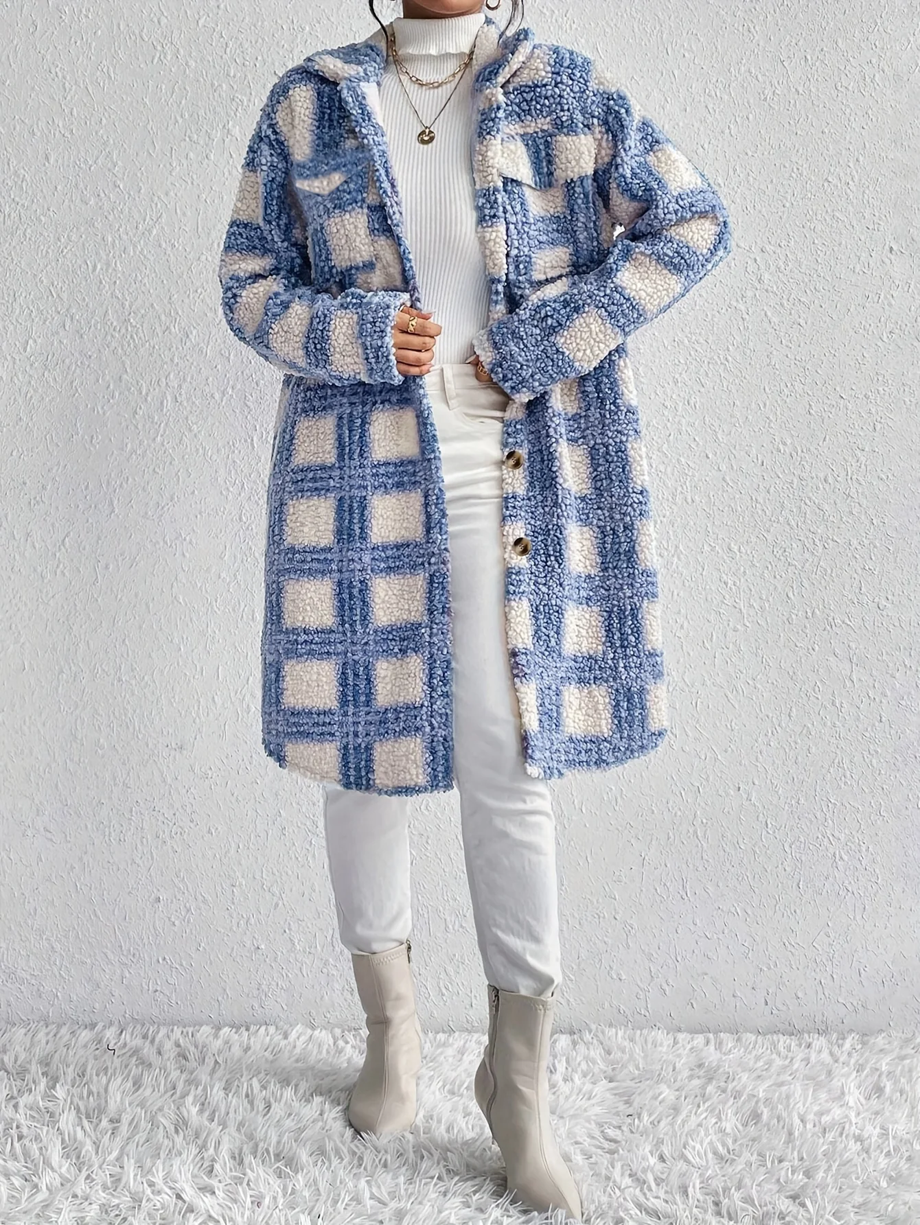 Long Sleeve Elegant Plaid Pattern Button Front Teddy Coat for Fall & Winter, Women's Mid-length Warm Outerwear - Deanwangkt