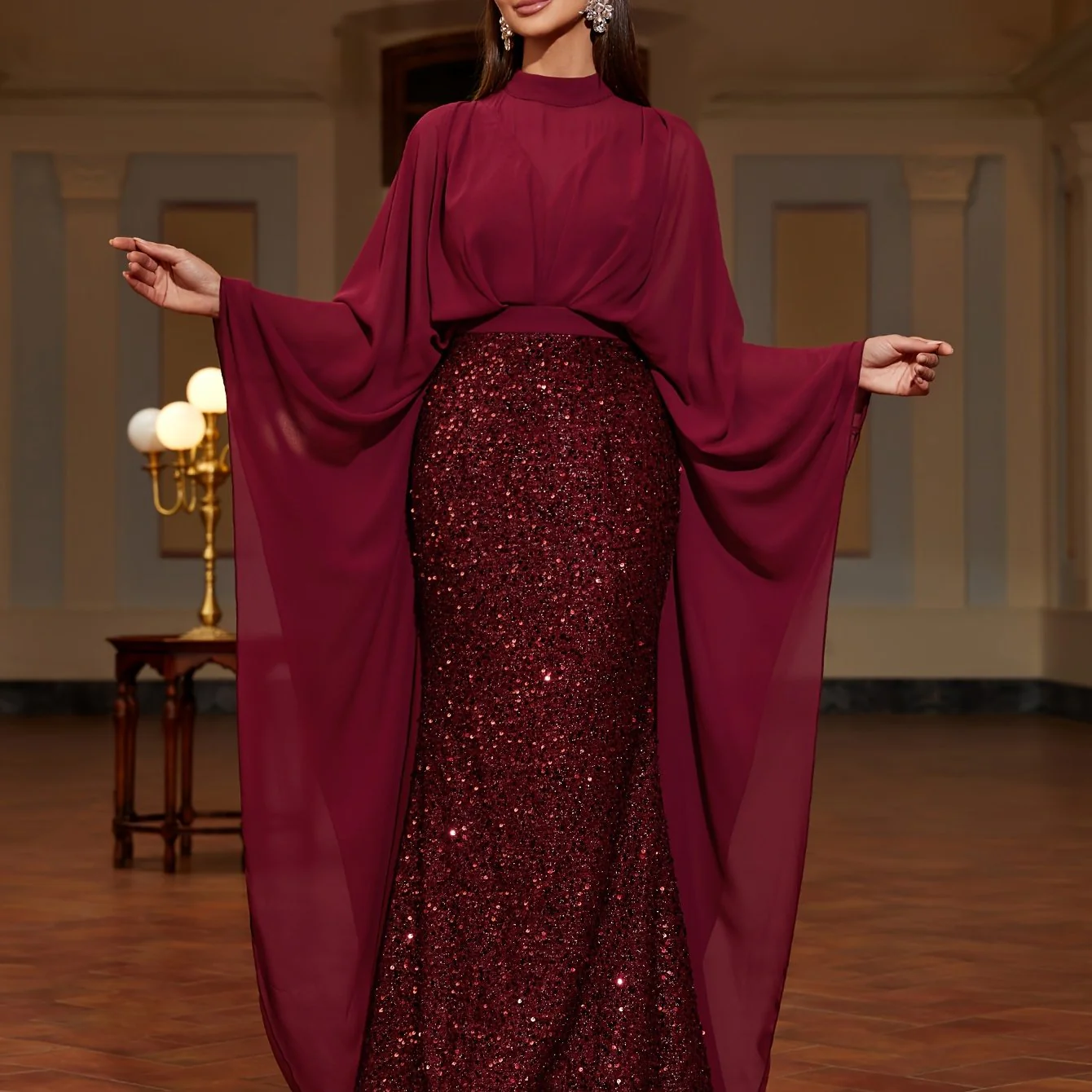 All-Season Chic Sequined Bodycon Dress - Elegant Long Sleeve, Crew Neck for Banquets & Parties - Deanwangkt