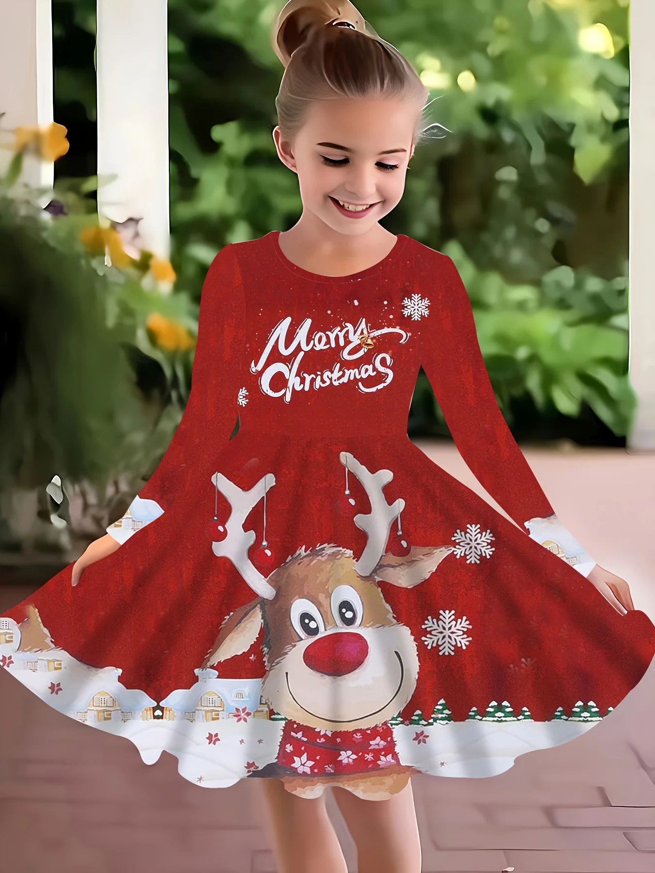 Girls' Festive Christmas Reindeer & Snowflake 3D Print Dress - Casual Elegance with Long Sleeves, Round Neck - Perfect for Spring/Summer/Fall - Deanwangkt