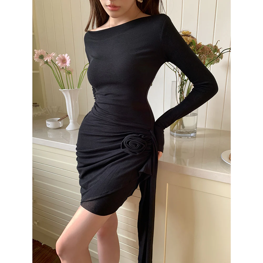 2025 Black rose streamer one-word shoulder long-sleeved dress femininity pure desire sexy waist slim hip short skirt - Deanwangkt