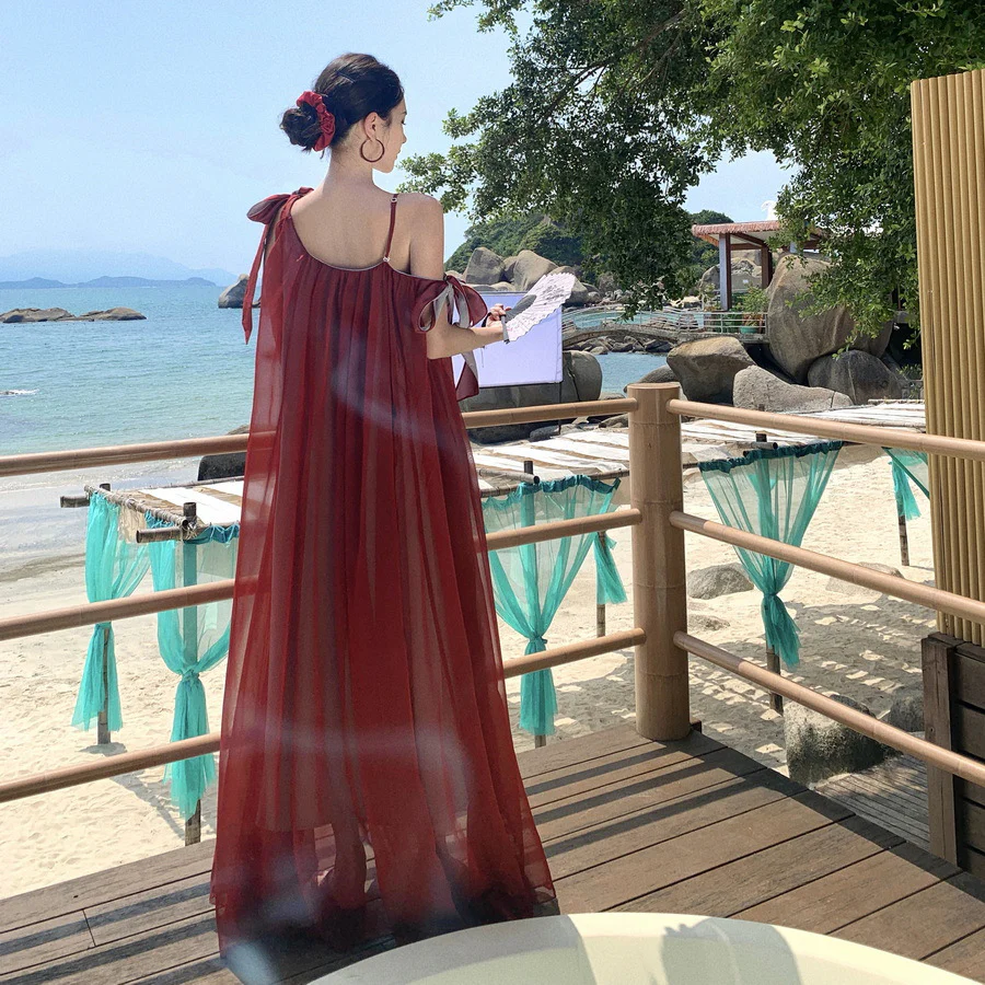 2025 niche slanted shoulder design sense super pendulum seaside vacation suspender skirt beautiful mesh super fairy strap dress - Deanwangkt