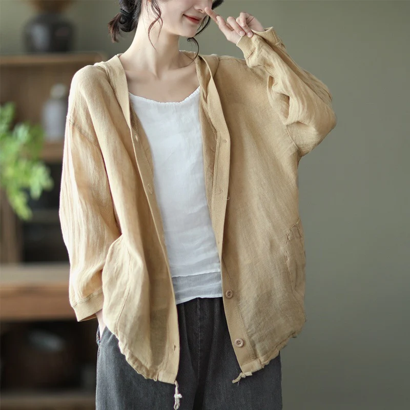 Literary retro cotton and linen hooded jacket women's summer loose casual thin sunscreen shirt versatile long-sleeved cardigan top - Deanwangkt