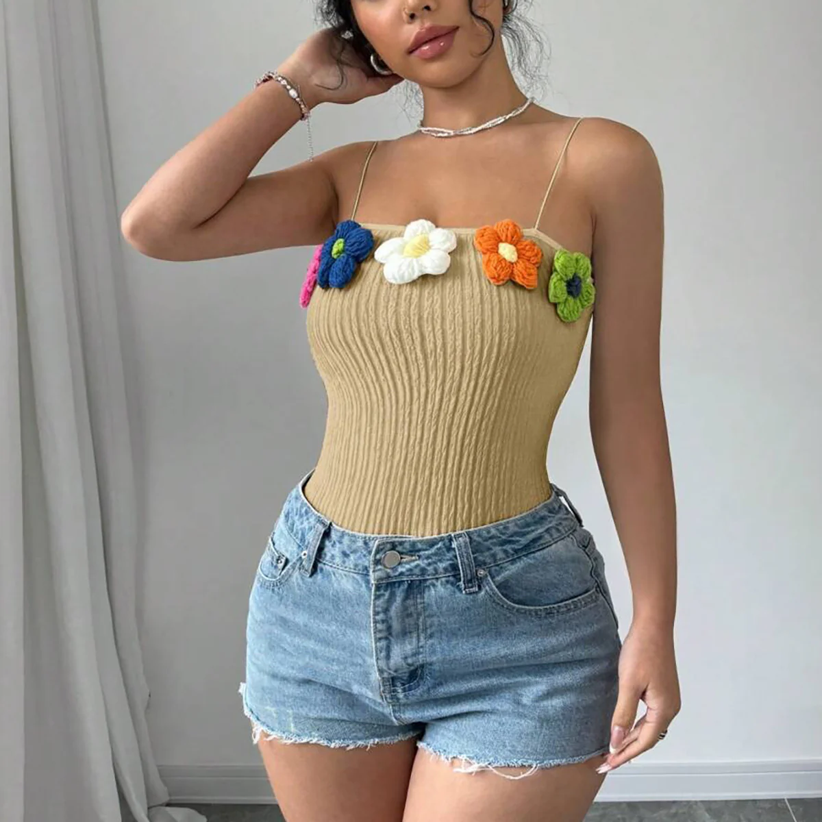 Summer new fashion design chic knitted three-dimensional flowers highlight the figure Spice girl three-dimensional onesie women's clothing - Deanwangkt