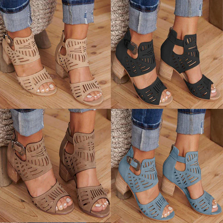 DEANWANGKT  Wish  Cross-Border plus Size Sandals Women's  New Rhinestone Chunky Heel High Heel Buckle Peep Toe Sandals Wholesale - Deanwangkt