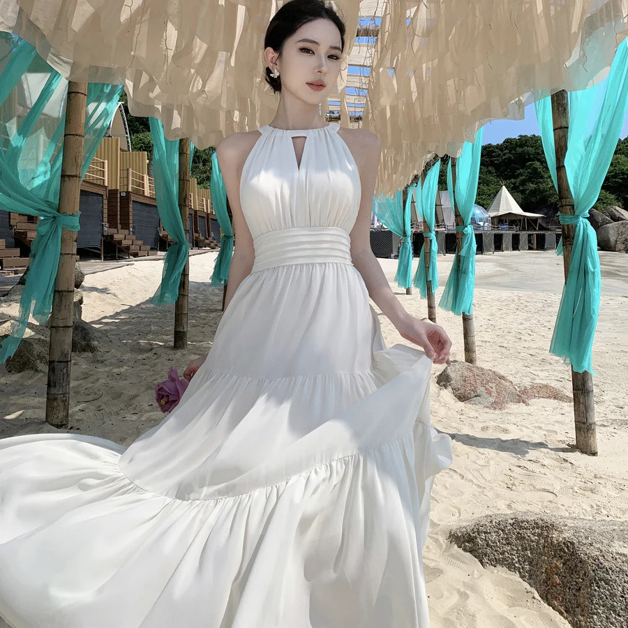 2025 Sanya holiday style neck lace-up dress women's summer seaside photo clothes super fairy beautiful cream apricot dress - Deanwangkt