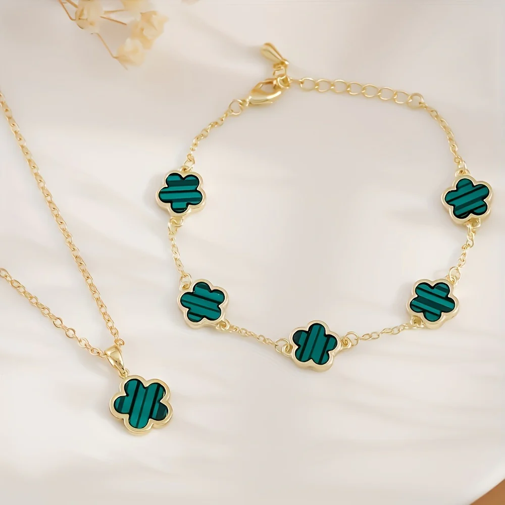 2-piece set, 1 necklace+1 bracelet, fashionable and gorgeous five petal flower style, copper, suitable for dates, holidays, graduation season - Deanwangkt