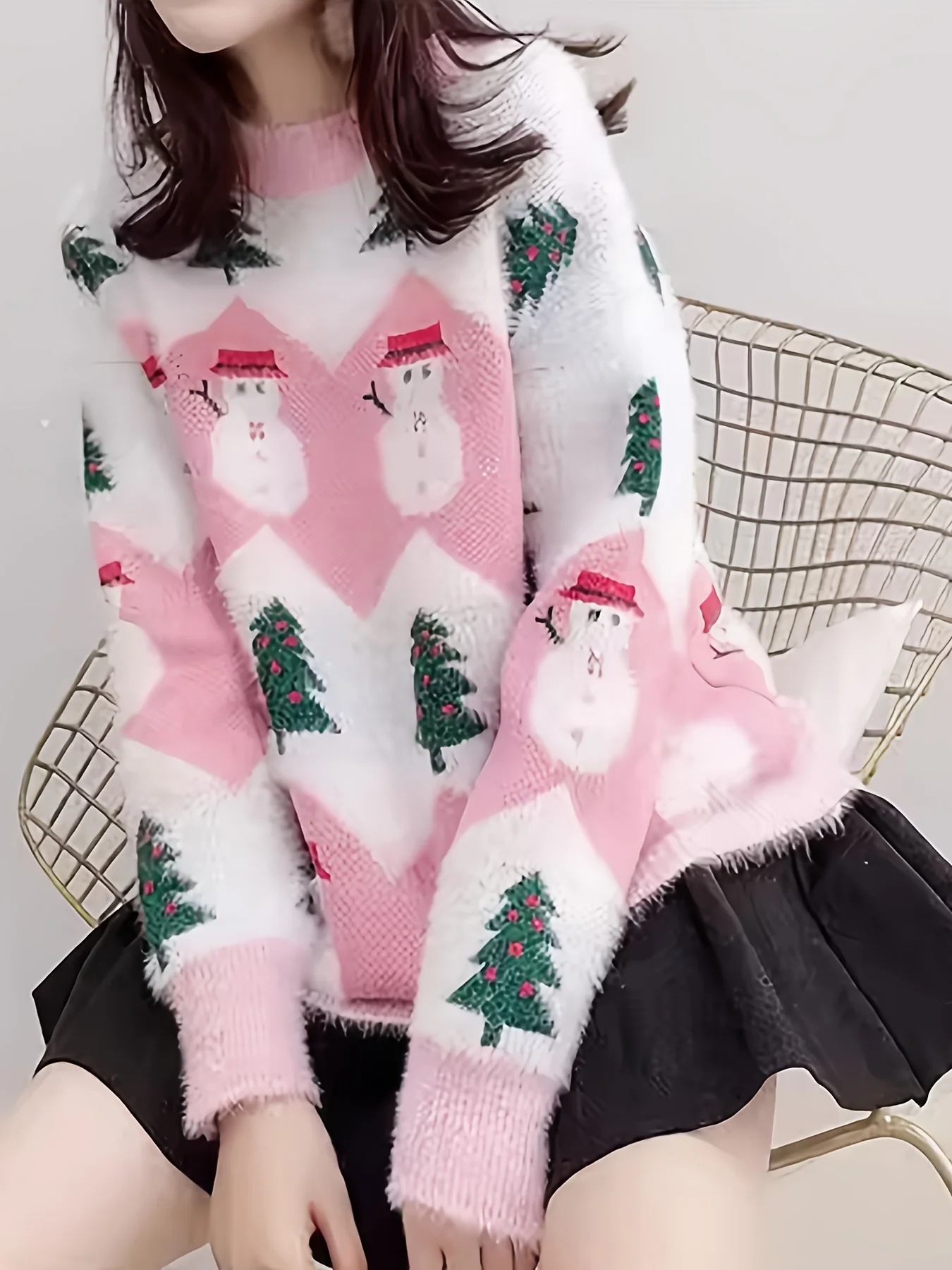 Women's Christmas Sweater, Polyester Knit Pullover, Round Neck, Festive Holiday Pattern, Autumn/Winter Fashion, Cozy Warm Sweatshirt for Ladies - Deanwangkt