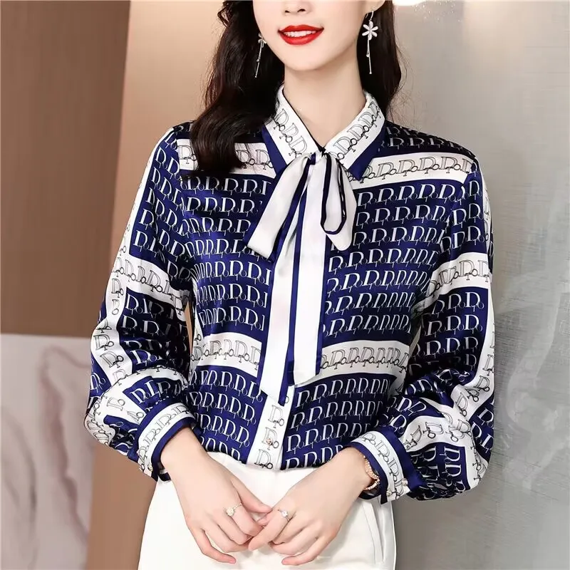 Women's Designer Floral Printed Shirt With Neck Bow Plus Size Elegant Long Sleeve Office Ladies Runway Silk Button Shirts Sweet Girl Chic Satin Blouses Red Tops - Deanwangkt