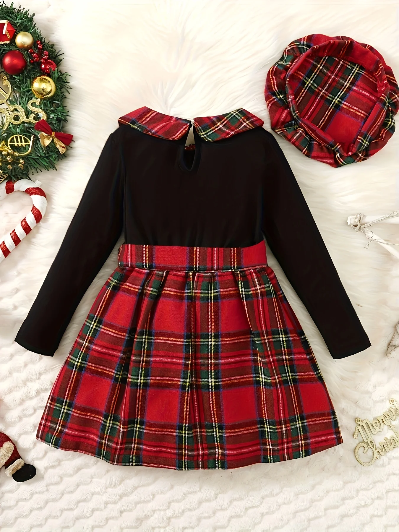 Girls' Plaid Long Sleeve Dress Set - Comfy Casual Wear with Contrast Collar, Includes Beret, Perfect for Winter and Fall Parties, Gift Idea - Deanwangkt
