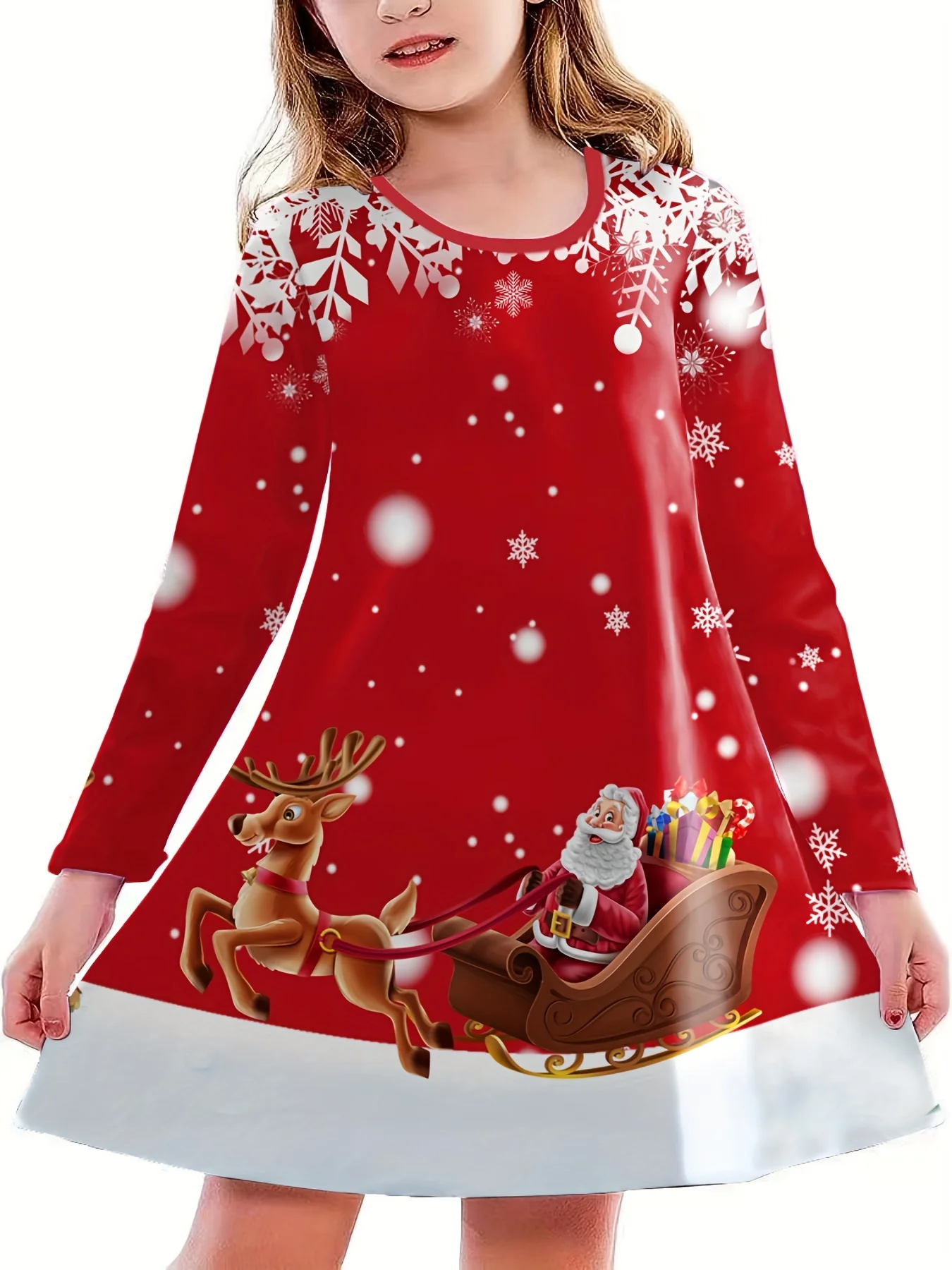 Girls' Festive Christmas Dress - Working Santa Pattern Round Neck Long Sleeve Dress for Holiday Season - Deanwangkt