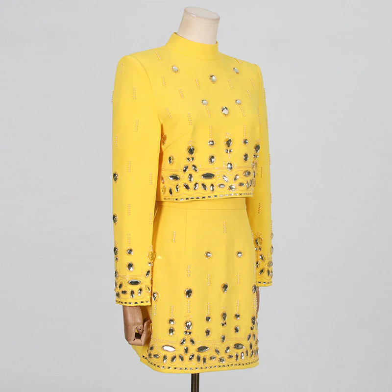 2025 Fashion casual suit women's  spring new rhinestone splicing design sense long sleeve short hip skirt suit women - Deanwangkt