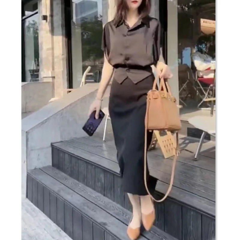 DEANWANGKT  22388 Big Love Beauty Yiyuan  Summer New Design Sense Lapel Shirt Sheath Skirt Slim Fit Slimming - Deanwangkt