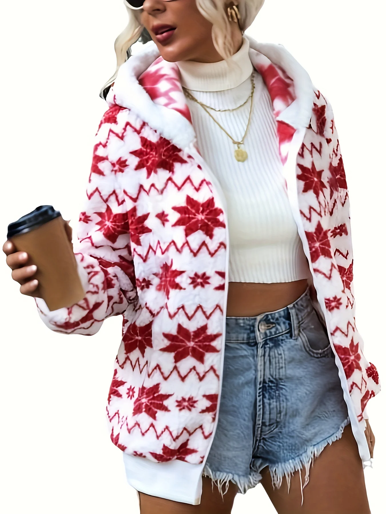 Women's Christmas Print Knit Hoodie, Cozy Polyester Fleece Pullover with Zipper, Holiday Vacation Style, All-Season Fashion Sweater Top - Deanwangkt