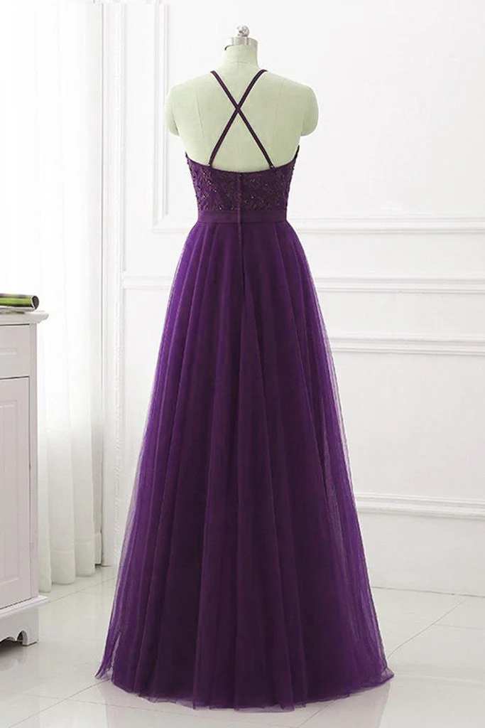 Solvbao Purple Halter Tulle with Lace Applique Long Prom Dress, A-line Floor Length Party Dress - Deanwangkt