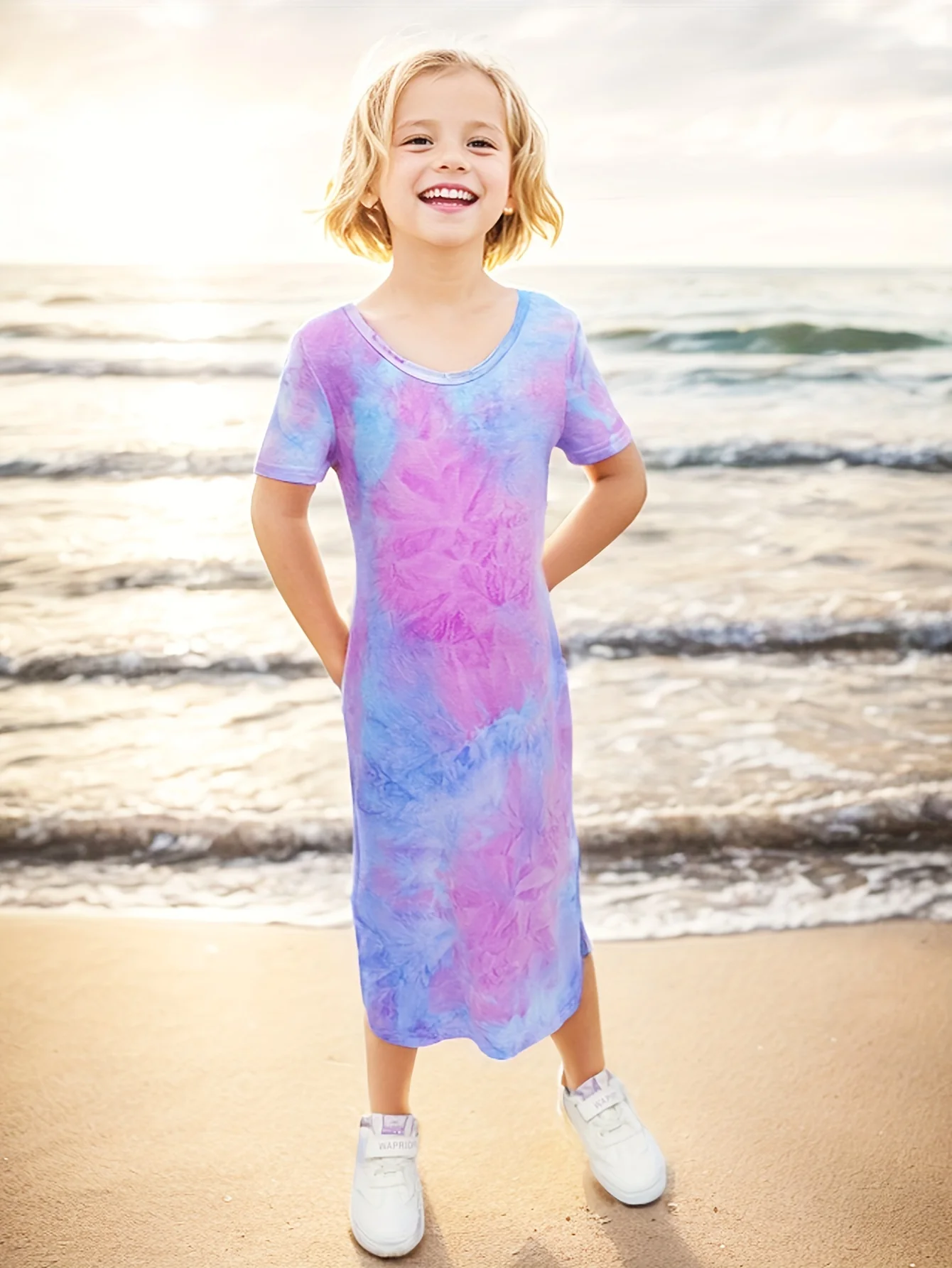 Vibrant Tie Dye Short Sleeve Slim Midi Dress for Girls - Casual, Comfortable, and Stylish Holiday Wear - Perfect Summer Gift for Tweens and Teenagers - Deanwangkt