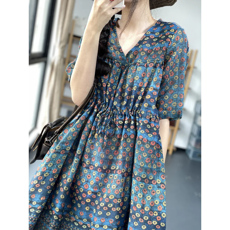Summer new V-neck waist strap-up slim loose retro printing casual light cotton and linen short-sleeved dress women - Deanwangkt