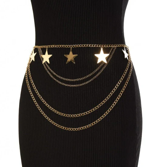 2025  3261 hot-selling metal chain, hand-spliced pentagram sheet pendant, wavy tassel pendulum chain, waist chain, body chain. - Deanwangkt