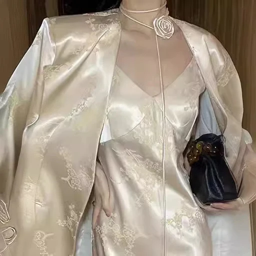 2025 Spot popular Women's New Chinese Jacquard Satin Suit Suit Women's Premium Temperament Suspender Dress Two-piece Set - Deanwangkt