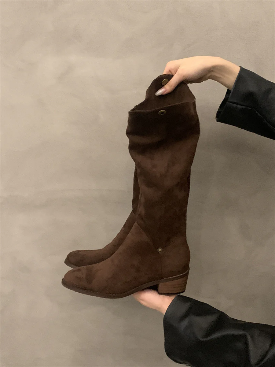 2025  Coarse heel khaki stacking boots medium boots women's shoes popular new spring, autumn and winter suede thin long boots - Deanwangkt