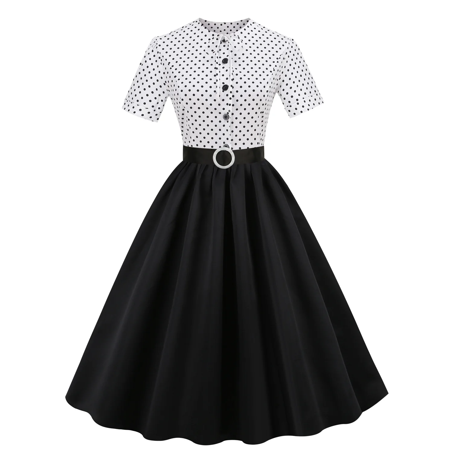 DEANWAQNGKT  European and American Hepburn Style Retro Dots Stitching Pleated Puffy Short Sleeve round Neck Mid-Length Dress  New Women - Deanwangkt