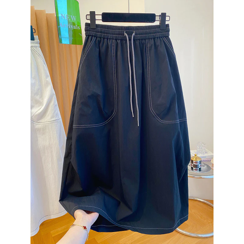 Black bright line tooling skirt women's summer  new loose high waist temperament over the knee medium and long skirt - Deanwangkt