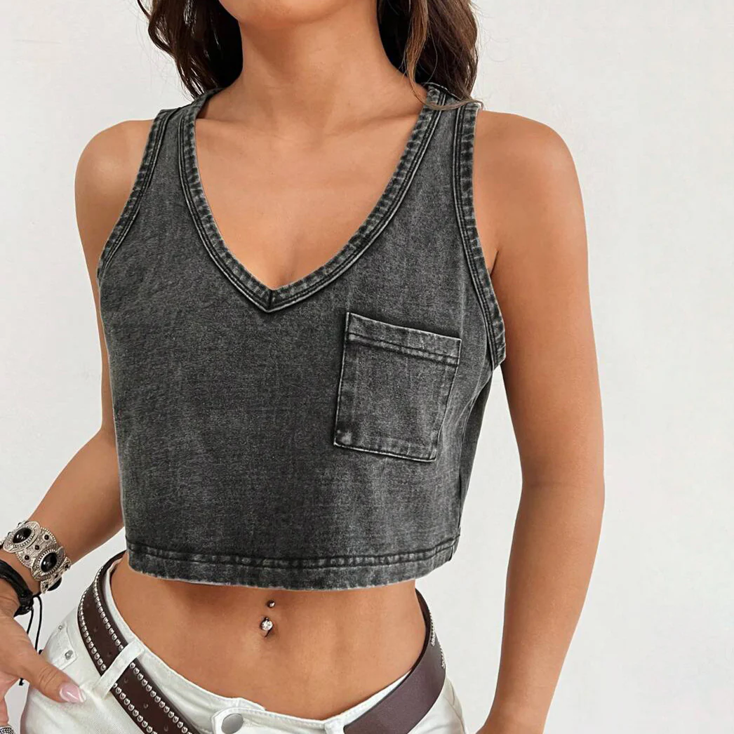 n retro old denim vest female exposed navel slim fit fashion hottie single pocket personalized design top New - Deanwangkt