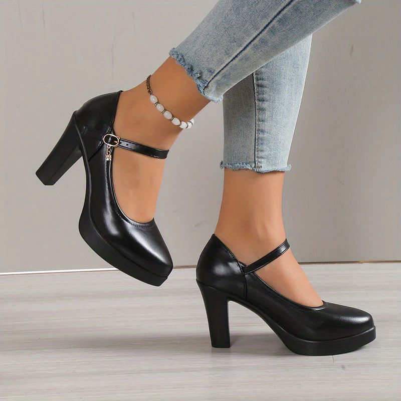 deanwangkt  Women's Chunky High Heels, Faux Leather Pointed Toe Ankle Strap Mary Jane Heels, All-Match Dress Shoes - Deanwangkt