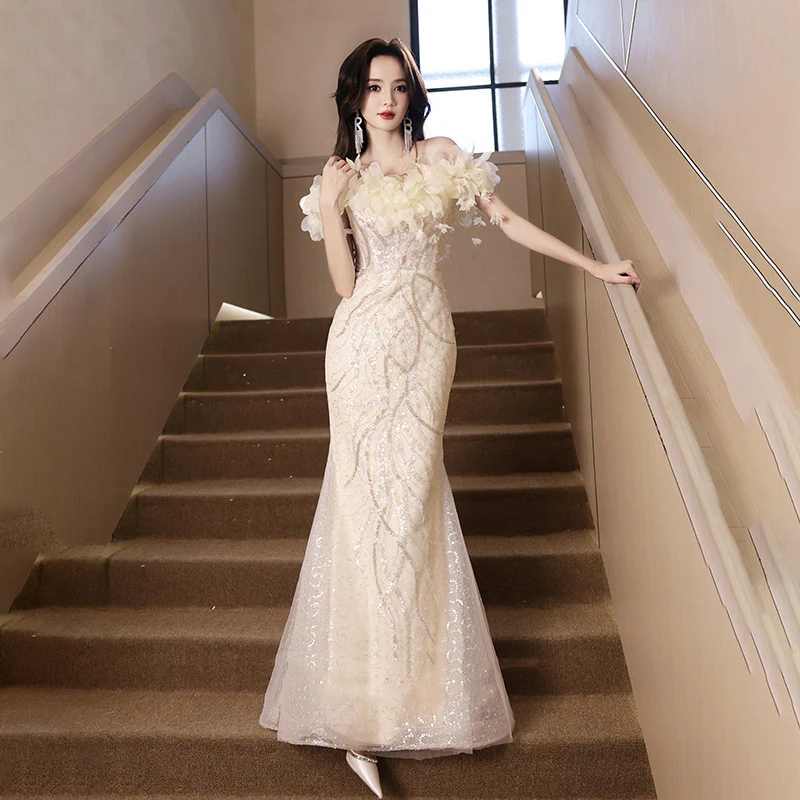 2025 One-word shoulder champagne birthday party evening dress women's light luxury niche 2025 new high-end host dress - Deanwangkt