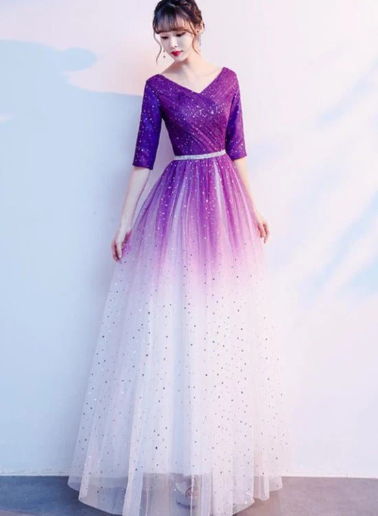 Solvbao Gradient Purple and White V-neckline Short Sleeves Party Dresses, A-line Floor Length Bridesmaid Dress - Deanwangkt