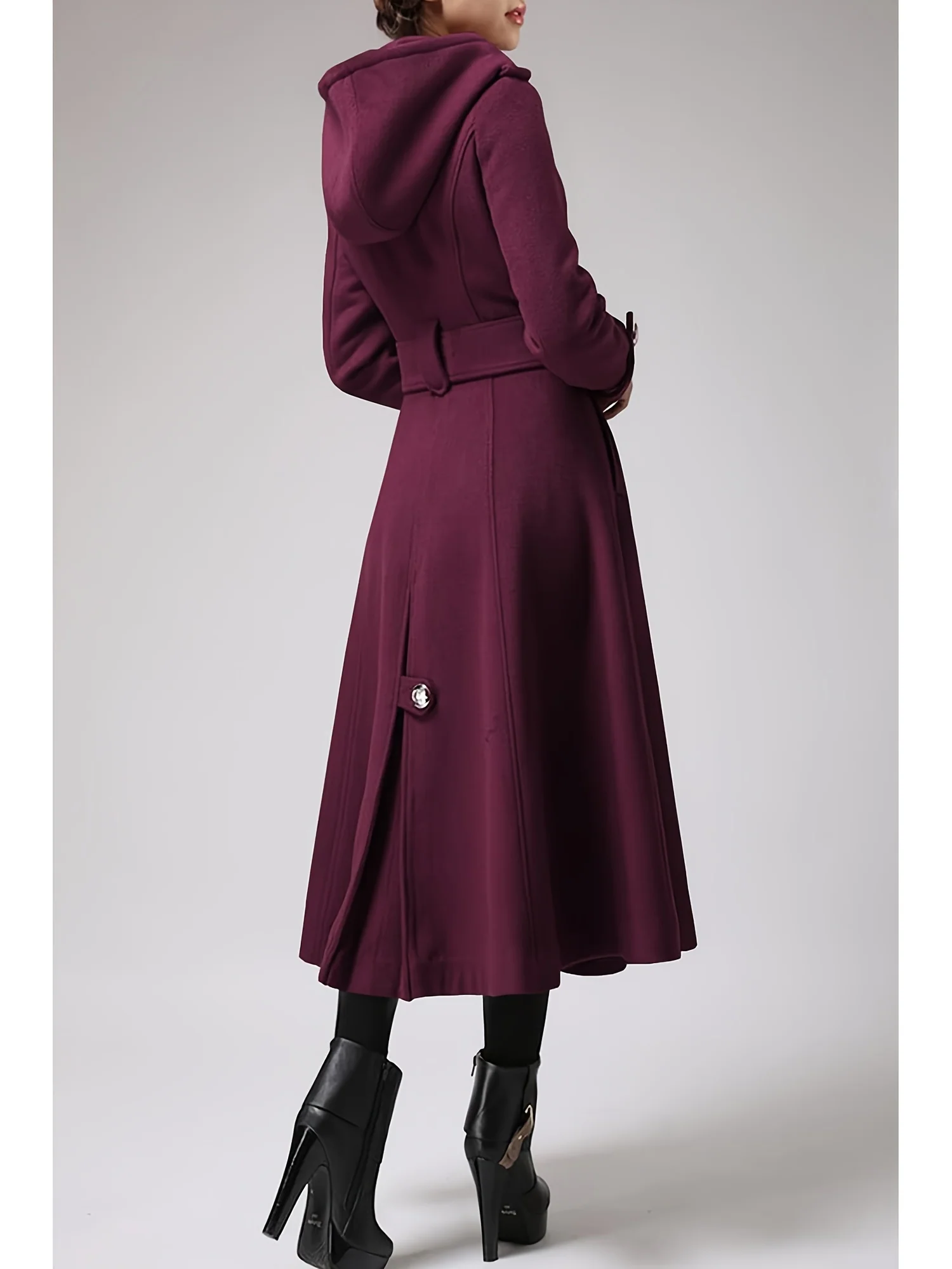 Womens Long Double-Breasted Hooded Coat Warm Woolen Coat With Belts - Deanwangkt