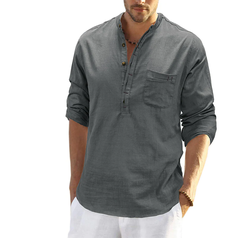 DEANWANGKT 2025 men's clothing  autumn and winter cotton and linen shirts, Popular trade long-sleeved Henry collar tops, loose men's linen shirts - Deanwangkt