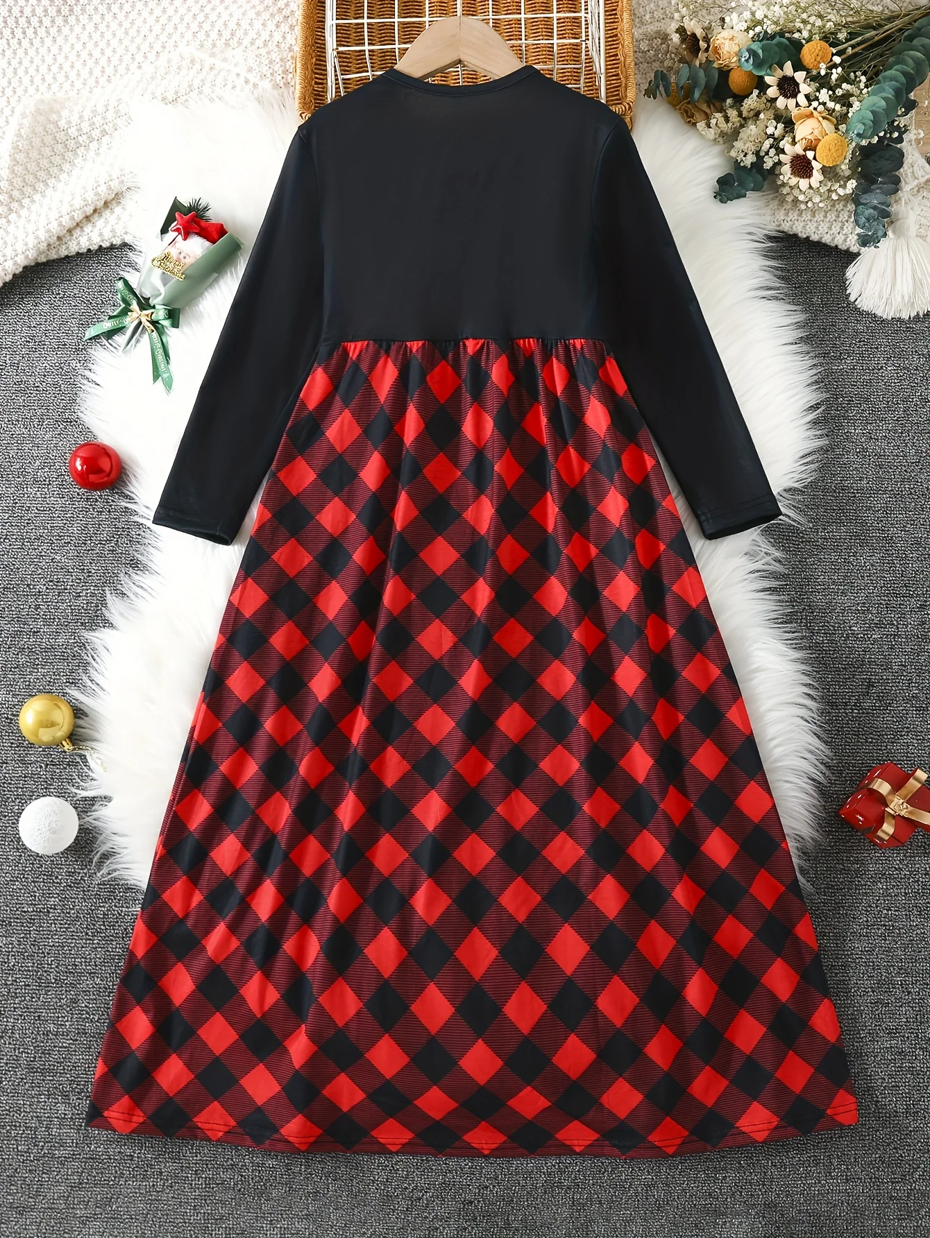 Girls Vibrant Plaid Crew Neck Long Sleeve Dress - Classic Design for Comfort and Warmth - Perfect for Fall and Christmas Parties - Deanwangkt