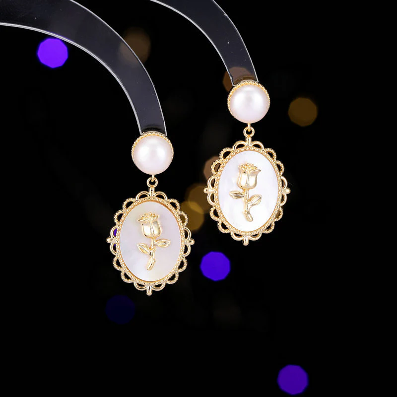2025 S925 silver needle  retro court style high-end earrings rose natural color abalone shell pearl earrings - Deanwangkt