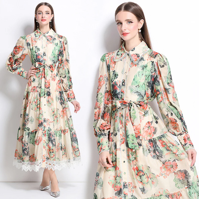 New new holiday style printing dress women's long-sleeved waist and thin temperament celebrity style long skirt - Deanwangkt