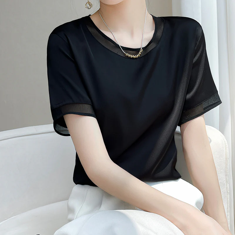DEANWANGKT  Summer New Silk Satin Mesh Patchwork round Neck Slimming Short-Sleeved T-shirt Top Women's Mulberry Silk All-Matching Women's Wear - Deanwangkt
