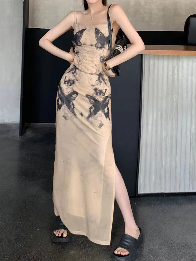 2025 Summer  Butterfly Spice Girl Dress Women's Ink Printing Waist Slim A-word Suspender Hip Wrap Skirt - Deanwangkt