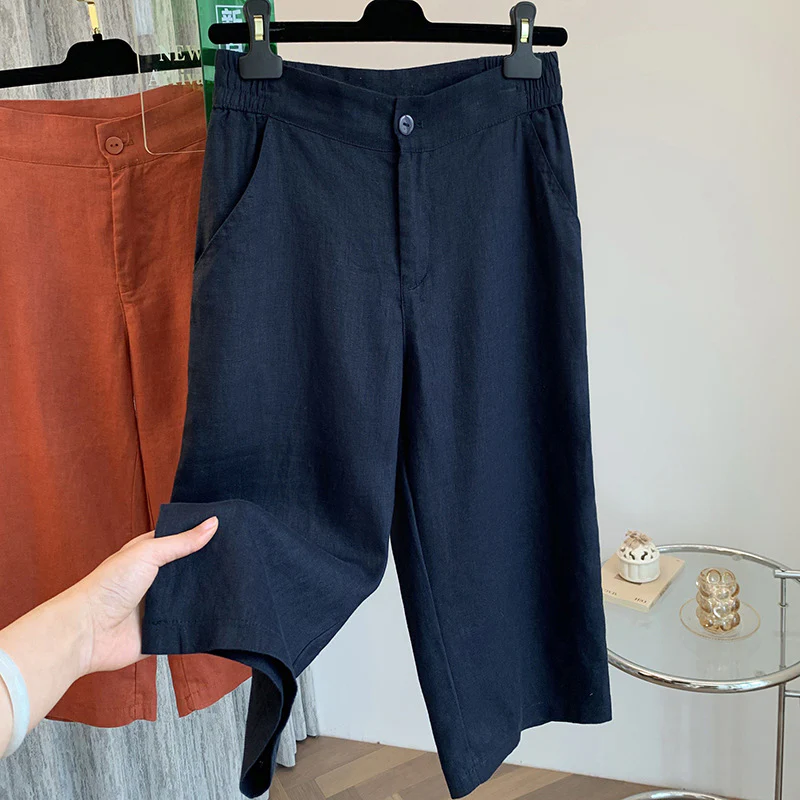 summer new cotton and linen cropped pants women's high-waisted straight-leg pants Korean version of thin and comfortable cotton and linen pants casual pants - Deanwangkt