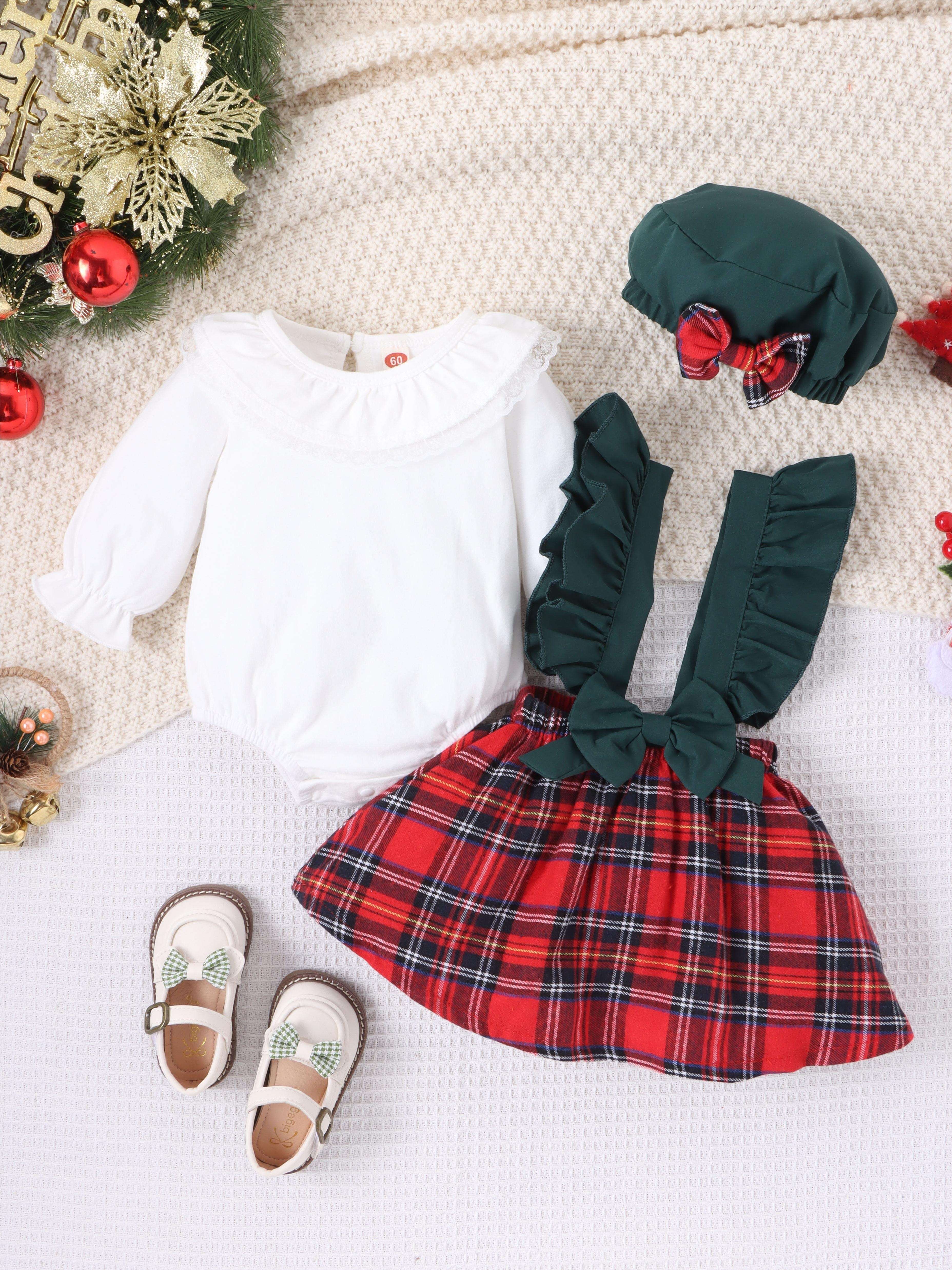 Baby Girls Cute Lace Trim Long Sleeve Romer + Red Plaid Suspender Skirt + Hat 3pcs Set Party Christmas Outfit, Coquette Style - Deanwangkt
