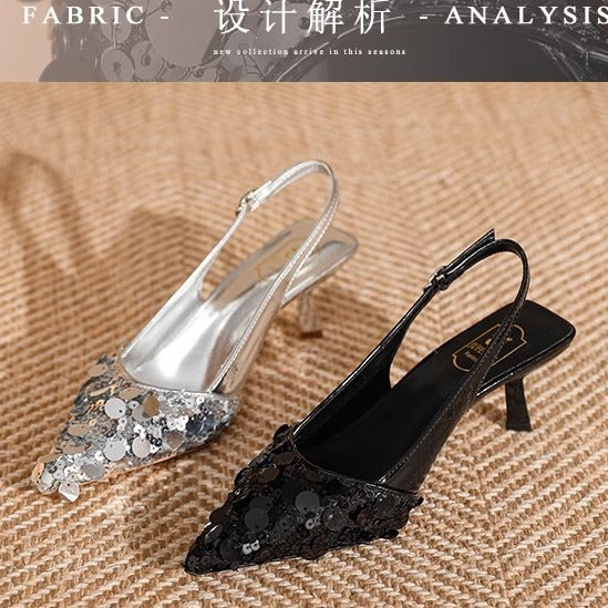 DEANWANGK  Closed Toe Sandals for Women  New Arrival Beautiful Silver Paillette Korean Style Fairy Style Elegant Pointed Stiletto Heels - Deanwangkt