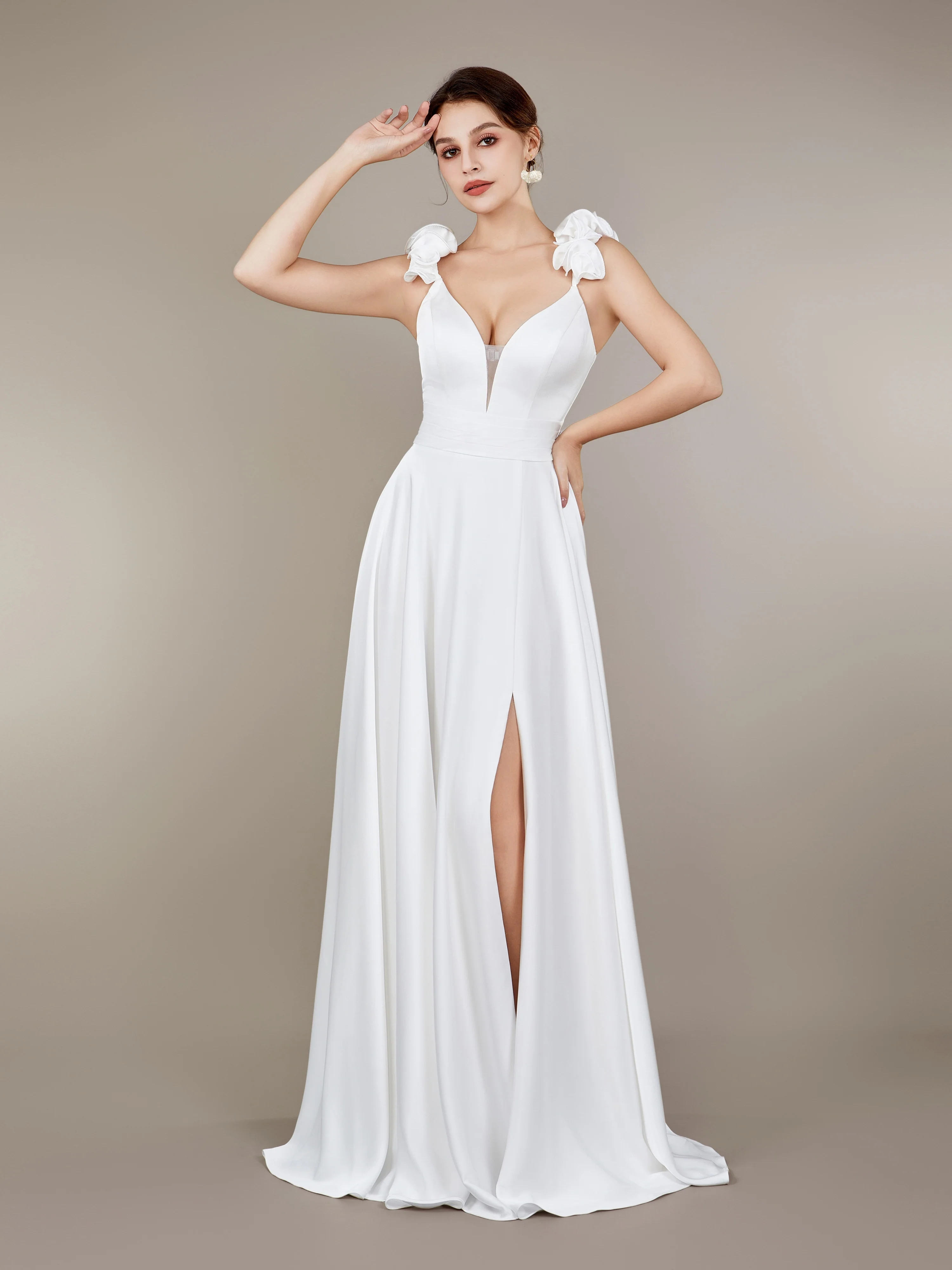 Vibrant Floral Cami Wedding Dress - Daring Split Thigh, Crisscross Backless, Flattering V-neck, Sweep Train - Exquisite Womens Formal Wear for Elegant Wedding Occasions - Deanwangkt