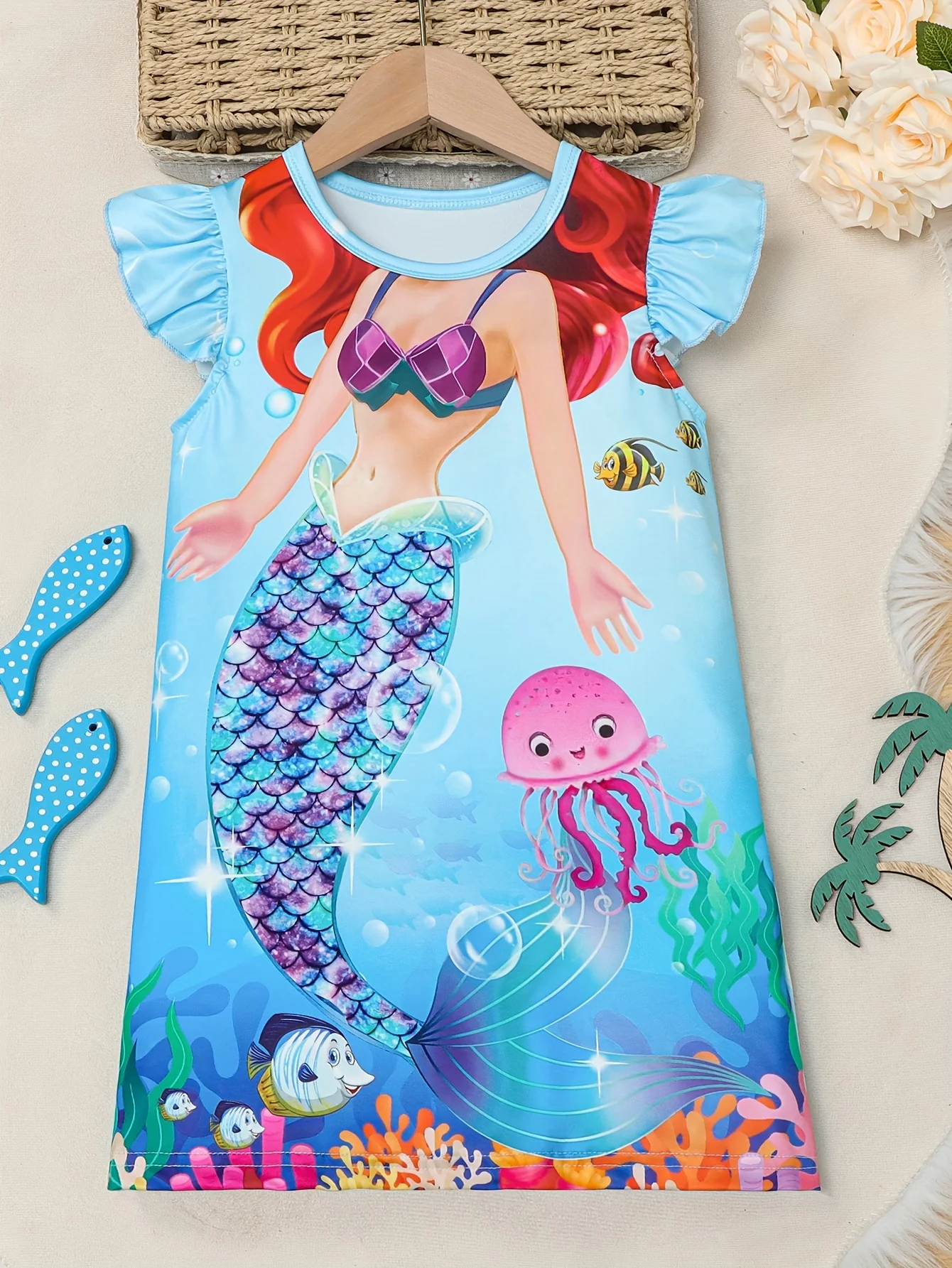 Girls Cartoon Mermaid Graphic Flutter Trim Crew Neck Knitted T-shirt Dress for Summer Party - Soft Slight Stretch Fabric, Machine Washable, Regular Fit, Portrait Pattern, Casual Style - Deanwangkt