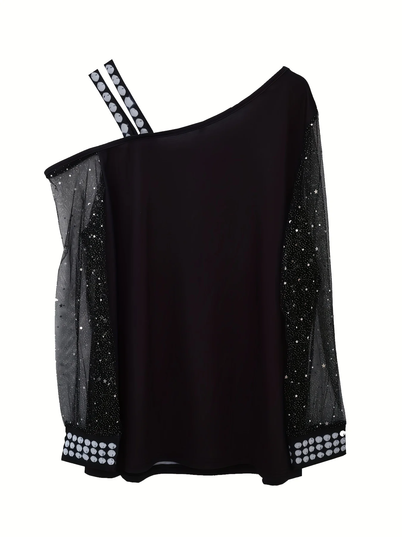 Plus Size Women's Christmas Off-Shoulder Mesh Panel T-Shirt - Casual, Stretchy Polyester Blend, Machine Washable - Deanwangkt