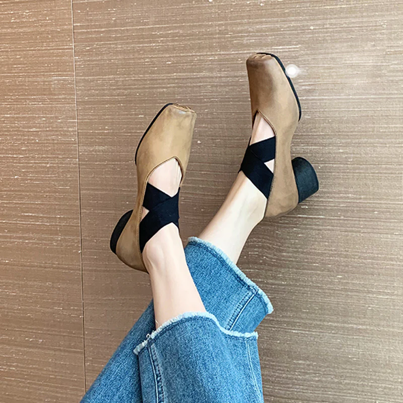 DEANWANGKT  Genuine Leather Mary Jane Pumps Autumn and Winter Retro Cross Belt Square Toe Comfortable Chunky Heel High Heel Pig Nose Ballet Shoes - Deanwangkt