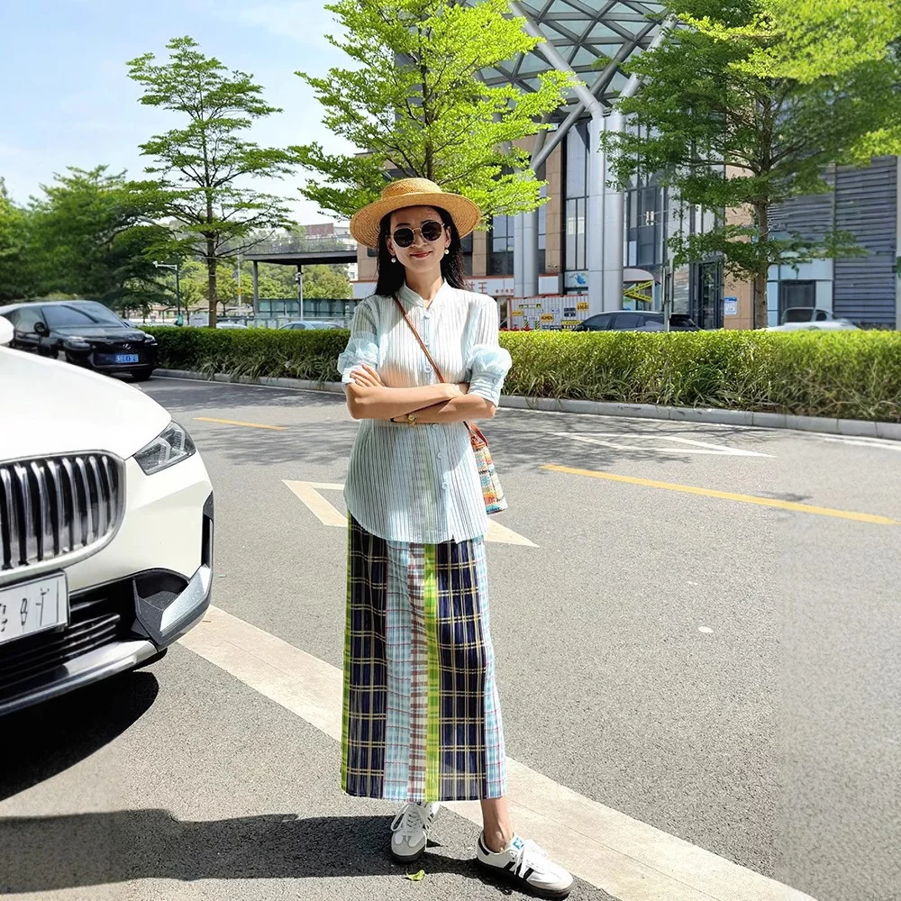 Siyuan, Miyake style new splicing plaid printing skirt summer elastic waist pleated medium and long skirt 9079 - Deanwangkt