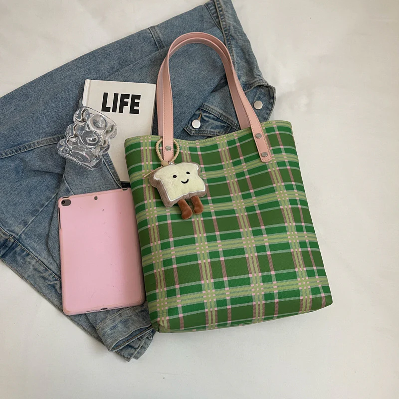 DEANWANGKT 2025 Korean version of fashion plaid tote bag popular new large-capacity casual shoulder bag Popular trade retro Popular style shopping bag - Deanwangkt