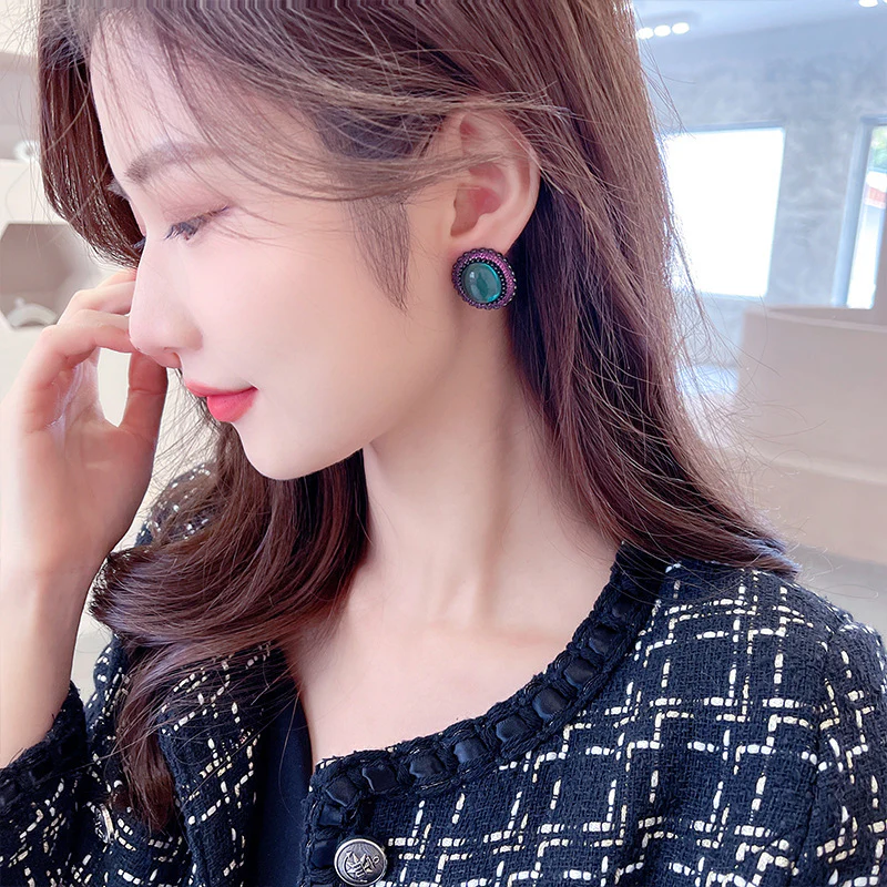 2025 retro oval lake water blue stud earrings s925 silver needle court style elegant temperament fashion light luxury trend earrings - Deanwangkt