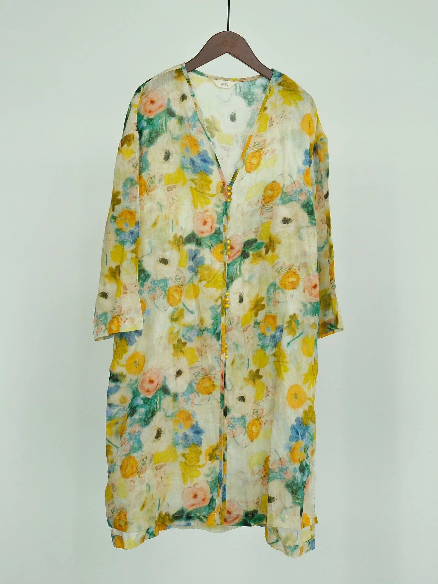 literary and artistic oil painting printed medium and long cardigan, early autumn retro sunshade multi-button long shirt S23184 - Deanwangkt