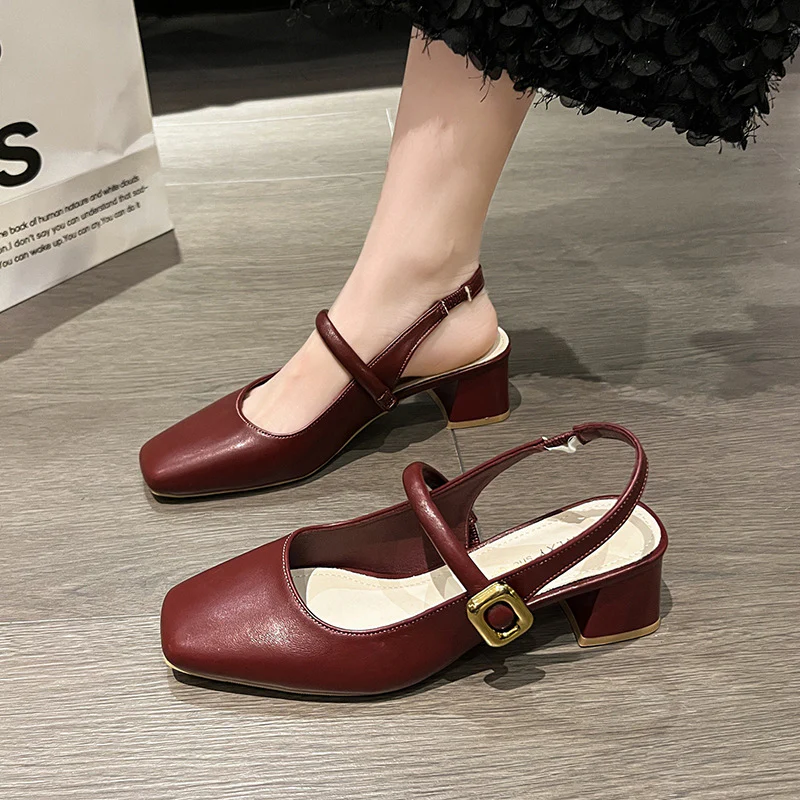DEANWANGK  Chunky Heel Closed Toe Sandals Women's  New Style Back Empty Buckle High Heel Women's Sandals Square Toe Low-Cut Mary Jane Shoes - Deanwangkt