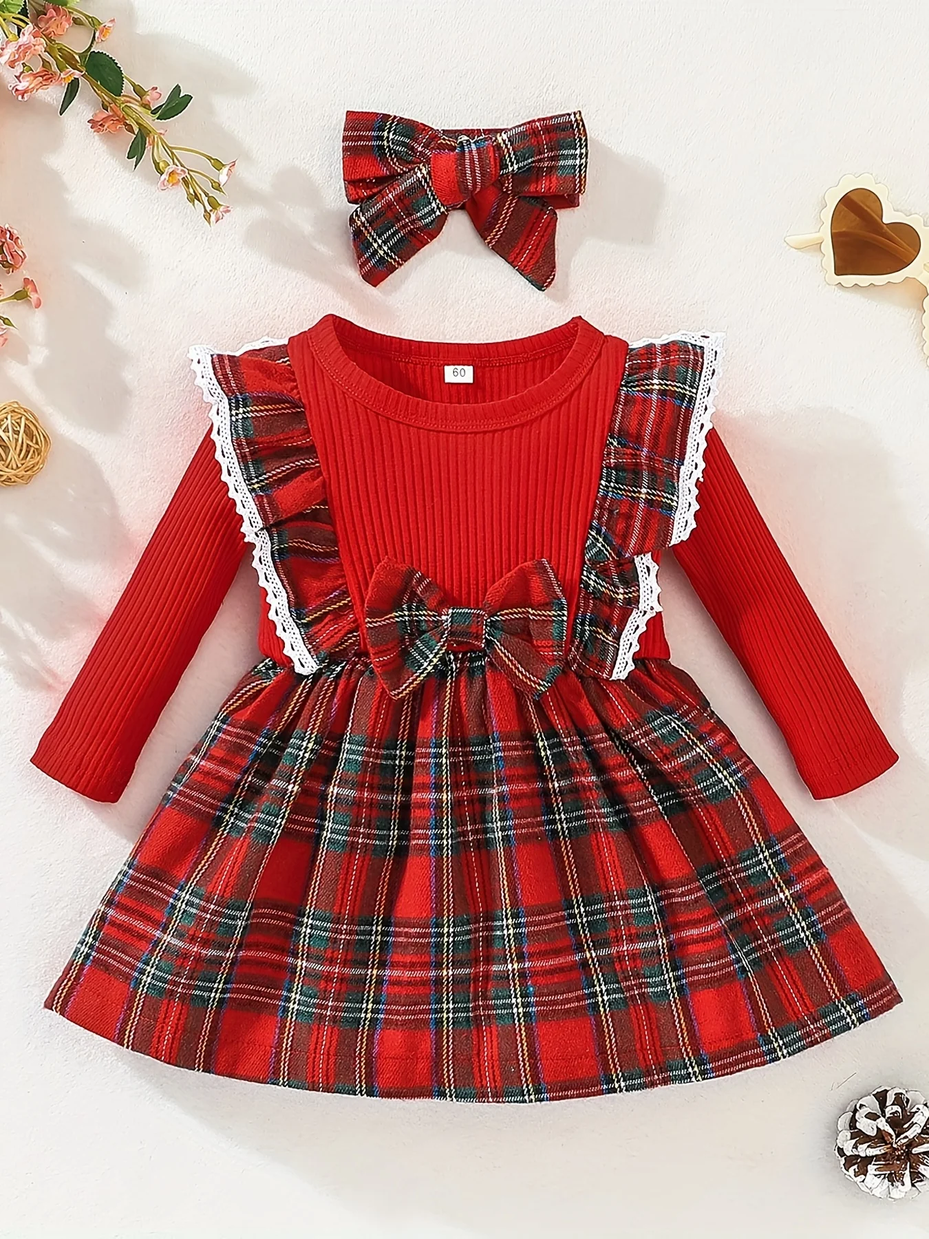 Girls 2pcs Christmas Set Ribbed Knit Plaid Flutter Trim And Bow Dress & Plaid Headband Set, Comfy Sets For Party, Gift, Christmas - Deanwangkt